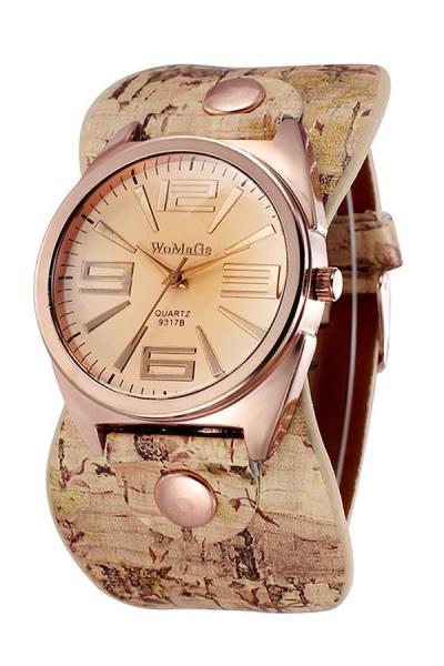 Exclusive Imports Rose Golden Floral Faux Leather Analog Quartz Watch Beige