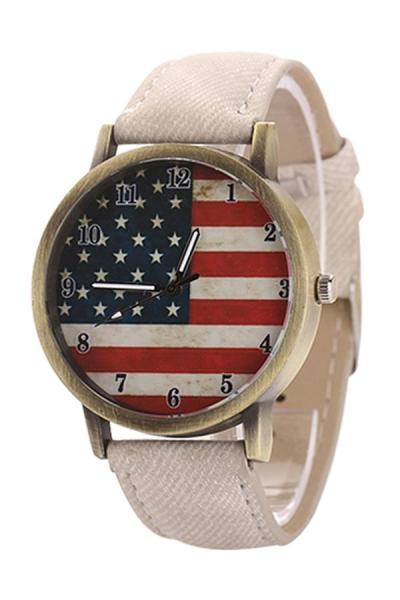 Exclusive Imports United States Flag Bronze Denim Analog Watch White