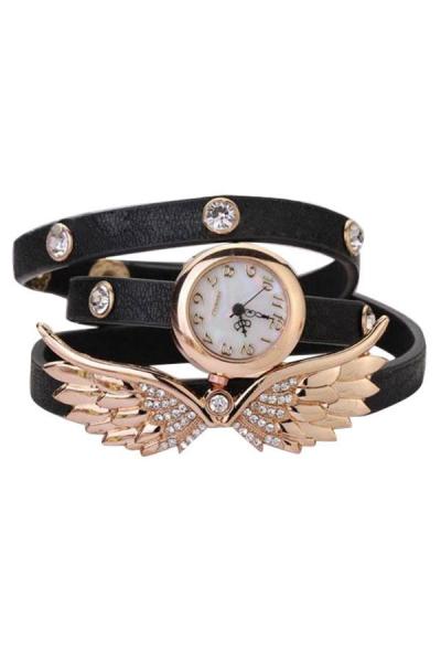 Exclusive Imports Women's Angel Wings Rhinestone Black Leather Strap Watch