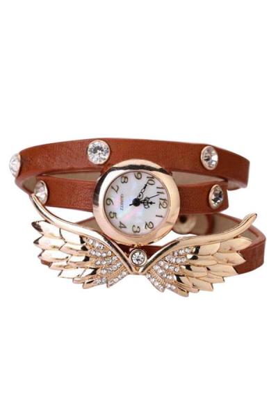 Exclusive Imports Women's Angel Wings Rhinestone Brown Leather Strap Watch