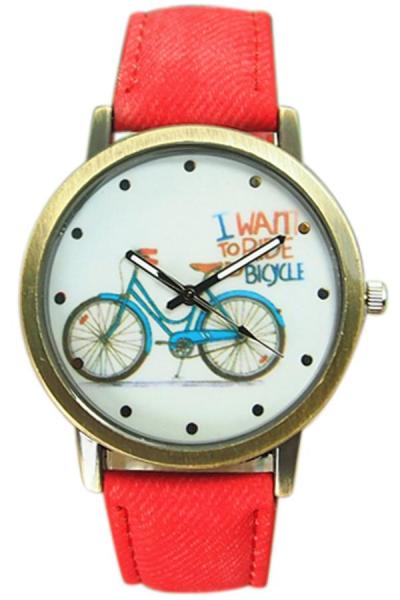 Exclusive Imports Women's Bike Bronze Jean Fabric Quartz Analog Wrist Watch Red