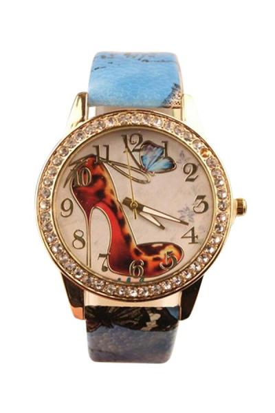 Exclusive Imports Women's Blue Faux Leather Band Rhinestone High-Heeled Shoe Watch