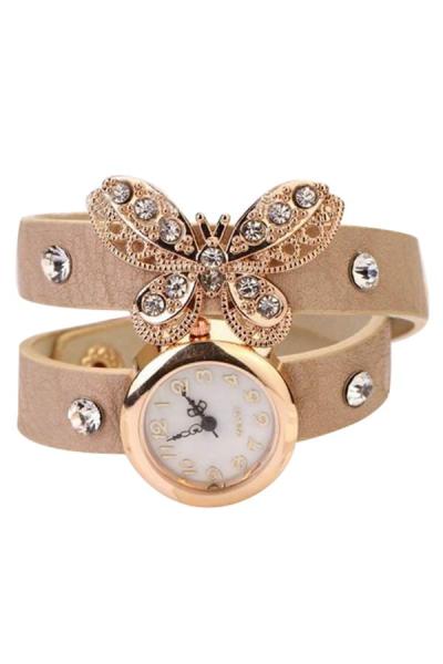 Exclusive Imports Women's Butterfly Rhinestone Beige Leather Strap Watch