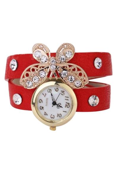 Exclusive Imports Women's Butterfly Rhinestone Red Leather Strap Watch