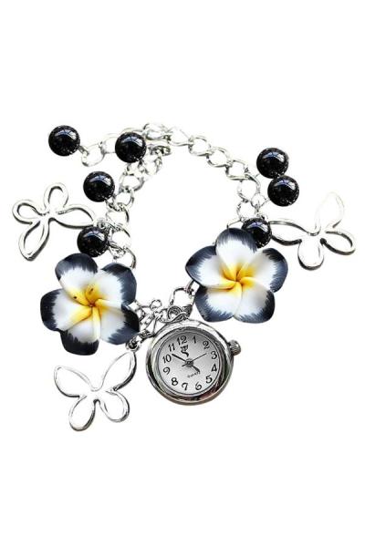 Exclusive Imports Women's Charm Flowers Beads Leather Band Watch Black