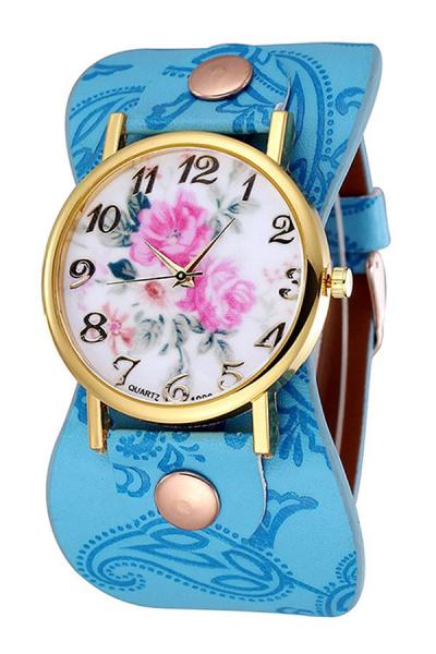 Exclusive Imports Women's Numerals Light Blue Floral Faux Leather Watch