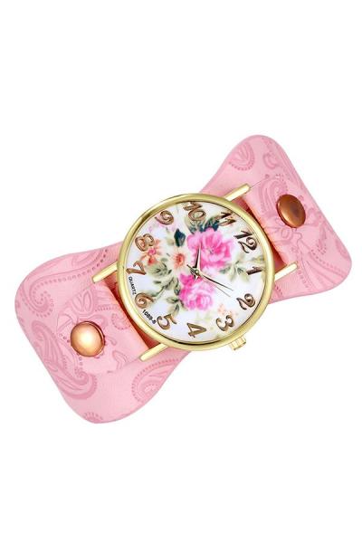 Exclusive Imports Women's Numerals Pink Floral Faux Leather Strap Watch