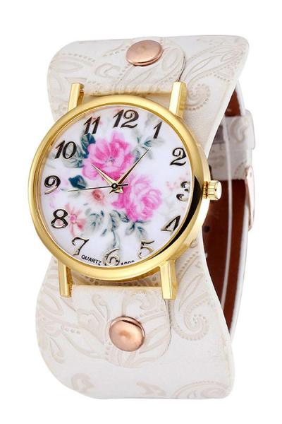 Exclusive Imports Women's Numerals White Floral Faux Leather Strap Watch