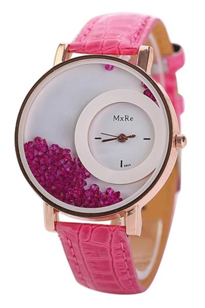 Exclusive Imports Women's Rhinestones Quicksand Faux Leather Quartz Watch Pink