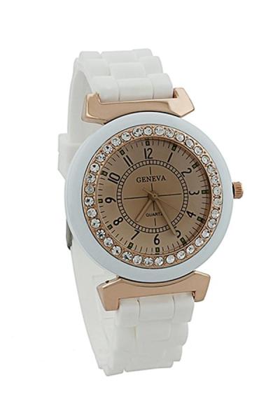 Exclusive Imports Women's Silicone Golden Crystal Quartz Wrist Watch White