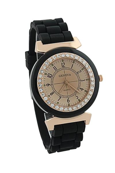 Exclusive Imports Women's Silicone Golden Crystal Quartz Wrist Watch Black