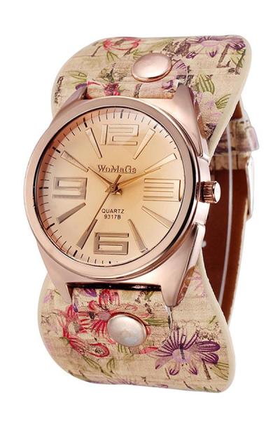 Exclusive Imports Women's Womage Rose Golden Floral Faux Leather Strap Watch