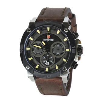 Expedition E6606M - Jam Tangan Pria - Hitam Silver - Strap Kulit Cokelat  