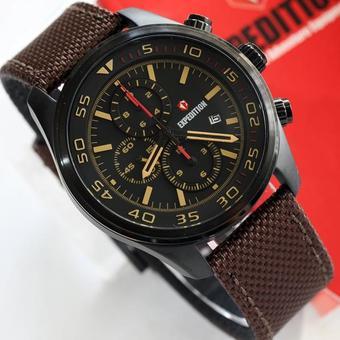 Expedition - Jam Tangan Pria - Hitam-Angka Kuning - Strap Kanvas Coklat - 6677  