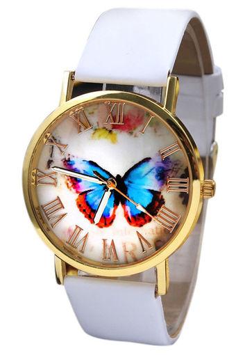 Fashion Butterfly Women's White Leather Strap Watch Jam Tangan  