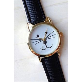 Fashion Cartoon Cat Thin Leather Band Women's Quartz Watch LC379 Black  