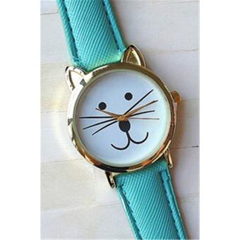 Fashion Cartoon Cat Thin Leather Band Women's Quartz Watch LC380 Blue  