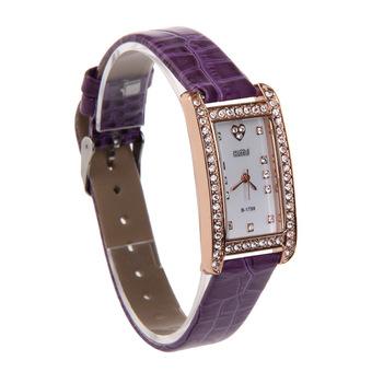 Fashion Girl Bling Rhinestone PU Leather Strap Rectangle Wrist Watch Purple  