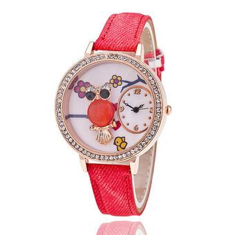 Fashion Leather Band Delicate Rhinestone Owl Flower Cartoon Women's Quartz Watch LC514 Red  