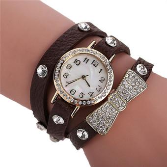 Fashion Leather Crystal Rivet Strap Rhinestone Bowknot Women's Bracelets Watch LC494 Brown  