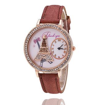 Fashion Leather Strap Cartoon Clock Rhinestone Tower Dial Watch LC542 Brown  