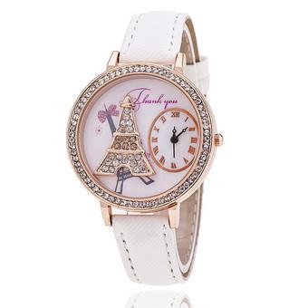 Fashion Leather Strap Cartoon Clock Rhinestone Tower Dial Watch LC539 White  