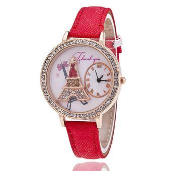 Fashion Leather Strap Cartoon Clock Rhinestone Tower Dial Watch LC540 Red  