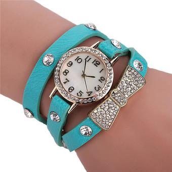 Fashion Leather Strap Crystal Rivet Rhinestone Bowknot Women's Bracelets Watch LC495 Blue  