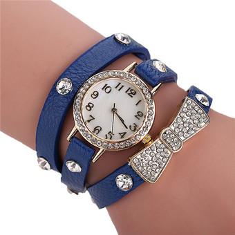 Fashion Leather Strap Crystal Rivet Rhinestone Bowknot Women's Bracelets Watch LC496 Blue  