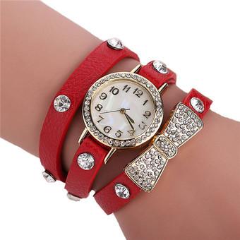 Fashion Leather Strap Crystal Rivet Rhinestone Bowknot Women's Bracelets Watch LC493 Red  