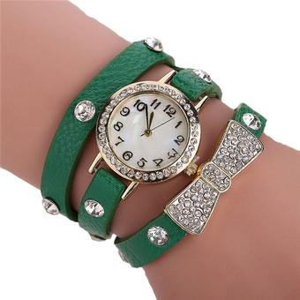 Fashion Leather Strap Crystal Rivet Rhinestone Bowknot Women's Bracelets Watch LC491 Green  