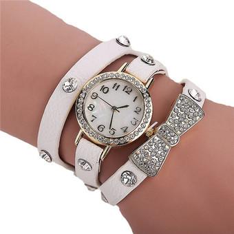 Fashion Leather Strap Crystal Rivet Rhinestone Bowknot Women's Bracelets Watch LC497 White  