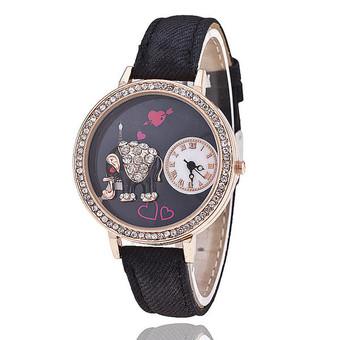 Fashion Leather Strap Delicate Rhinestone Cartoon Women's Quartz Watch LC508 Black  