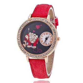 Fashion Leather Strap Delicate Rhinestone Cartoon Women's Quartz Watch LC506 Red  