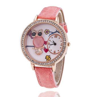 Fashion Leather Strap Delicate Rhinestone Owl Flower Cartoon Women's Quartz Watch LC511 Pink  