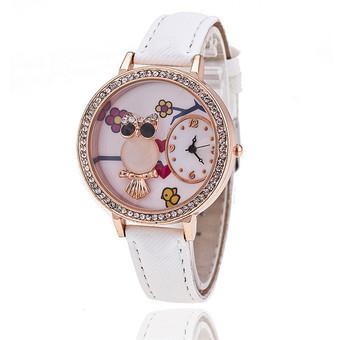 Fashion Leather Strap Delicate Rhinestone Owl Flower Cartoon Women's Quartz Watch LC515 White  