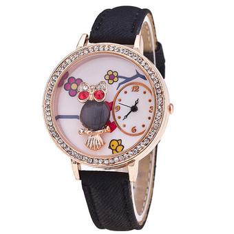 Fashion Leather Strap Delicate Rhinestone Owl Flower Cartoon Women's Quartz Watch LC512 Black  