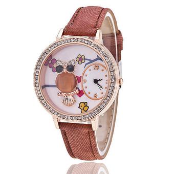 Fashion Leather Strap Delicate Rhinestone Owl Flower Cartoon Women's Quartz Watch LC513 Brown  