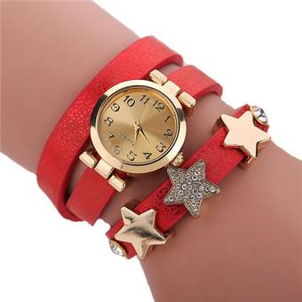 Fashion Leather Strap Rhinestone Star Multilayer Women's Bracelets Watch LC579 Red  