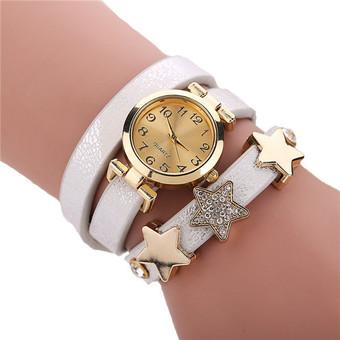 Fashion Leather Strap Rhinestone Star Multilayer Women's Bracelets Watch LC578 White  