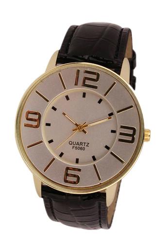 Fashion Numerals Gold Dial Women's Black Leather Analog Quartz Watch Jam Tangan  