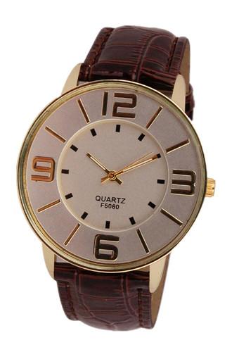 Fashion Numerals Gold Dial Women's Brown Leather Strap Quartz Wrist Watch Jam Tangan  