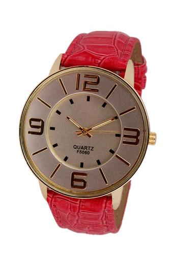 Fashion Numerals Gold Dial Women's Hot Pink Leather Strap Quartz Wrist Watch Jam Tangan  