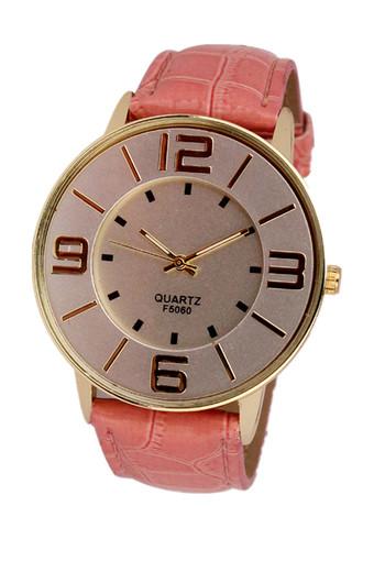 Fashion Numerals Gold Dial Women's Pink Leather Strap Quartz Wrist Watch Jam Tangan  