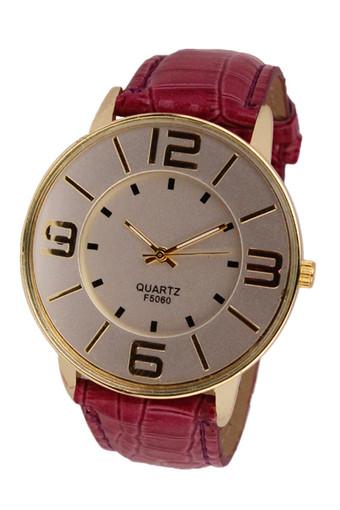 Fashion Numerals Gold Dial Women's Red Leather Strap Analog Quartz Wrist Watch Jam Tangan  