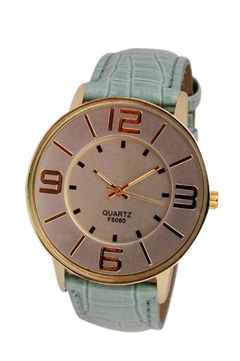 Fashion Numerals Gold Dial Women's Sky Blue Leather Strap Quartz Wrist Watch  