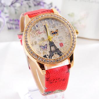 Fashion Paris Style Tower Butterfly PU Leather Women Watch Red(Intl)  