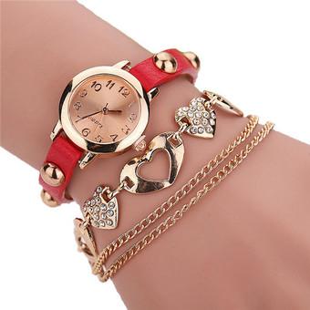 Fashion Rhinestone Heart Rivet Leather Band Bracelets Watch LC315 Red  