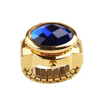 Fashion Stretch Elastic Gold Tone Mini Quartz Watch Finger Ring Blue Stone  