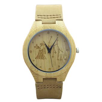 Fashion Virgo Signs Constellation Stars Women Men's Bamboo Wood Watch with Genuine Leather Watchband Brown - Intl  